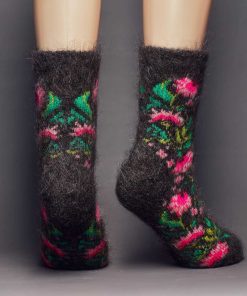 Women's Pink Peonies Thick Goat Wool Crew Socks