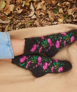 Women's Pink Peonies Thick Goat Wool Crew Socks
