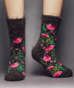 Women's Pink Peonies Thick Goat Wool Crew Socks