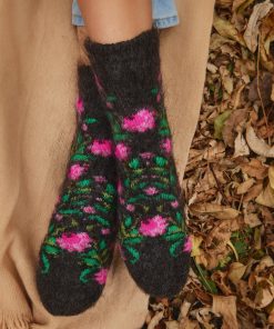 Women's Pink Peonies Thick Goat Wool Crew Socks